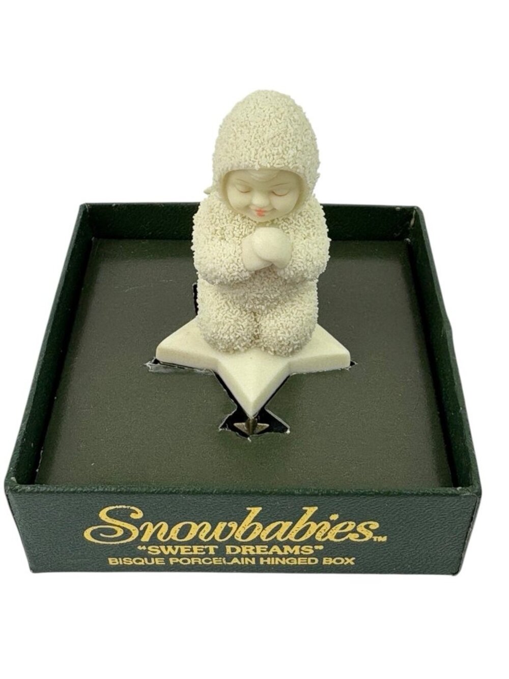 -Vintage Snowbabies Sweet Dreams Bisque Porcelain Hinged Box 2.5" high